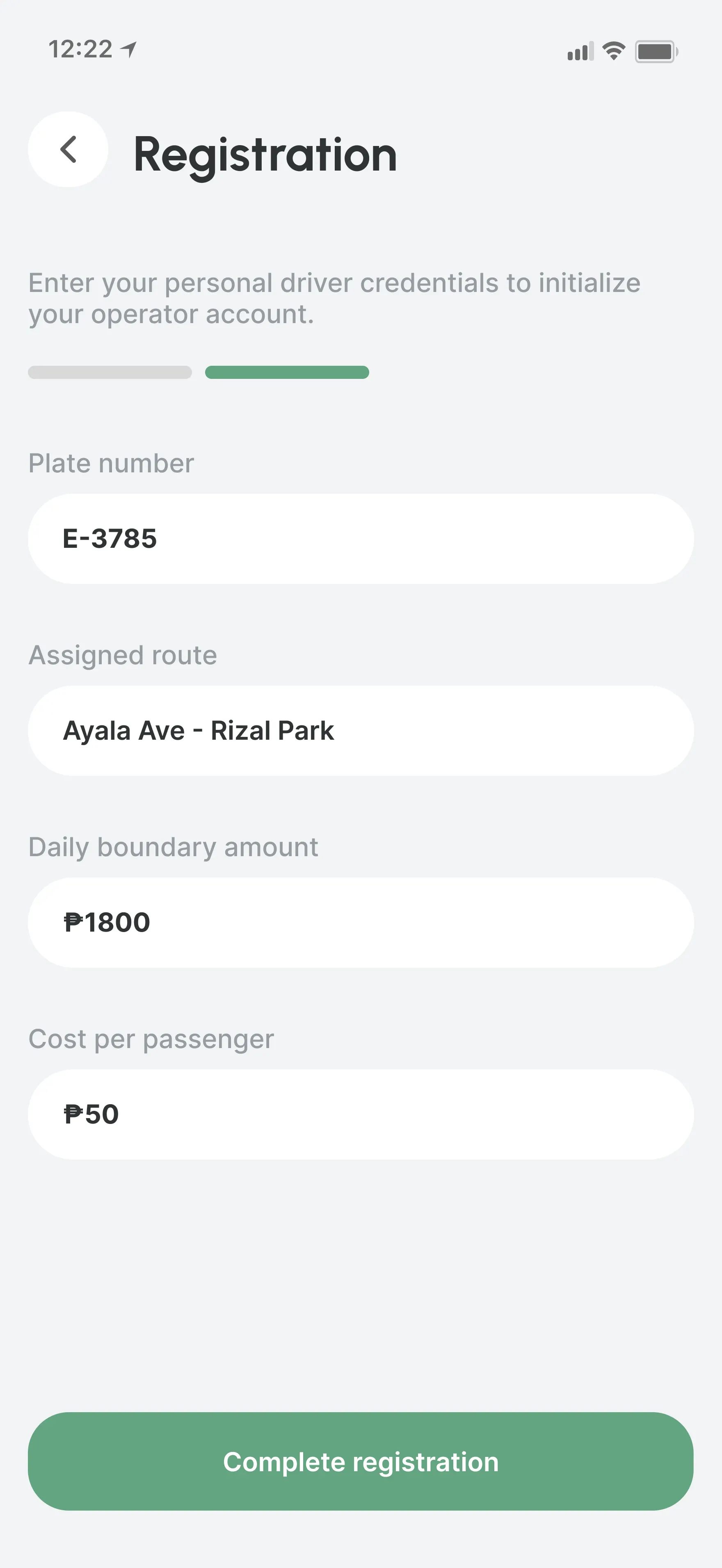 Driver user testing cash payment tracking screen one