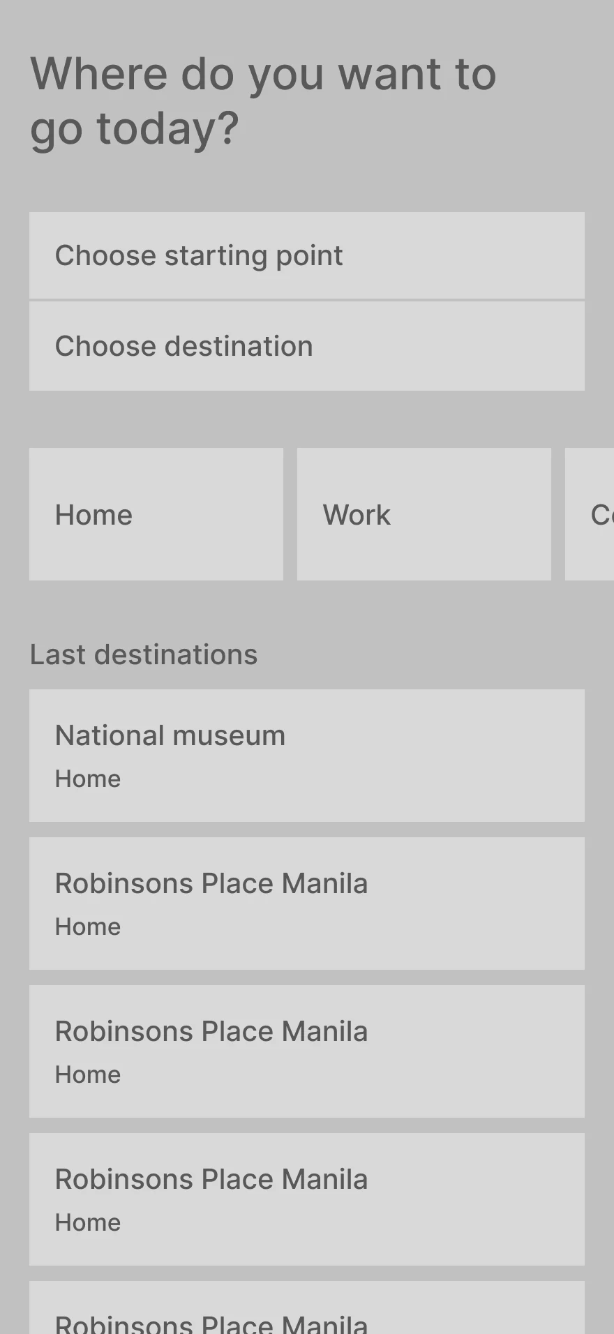 Mid-fi wireframe pick the destination
