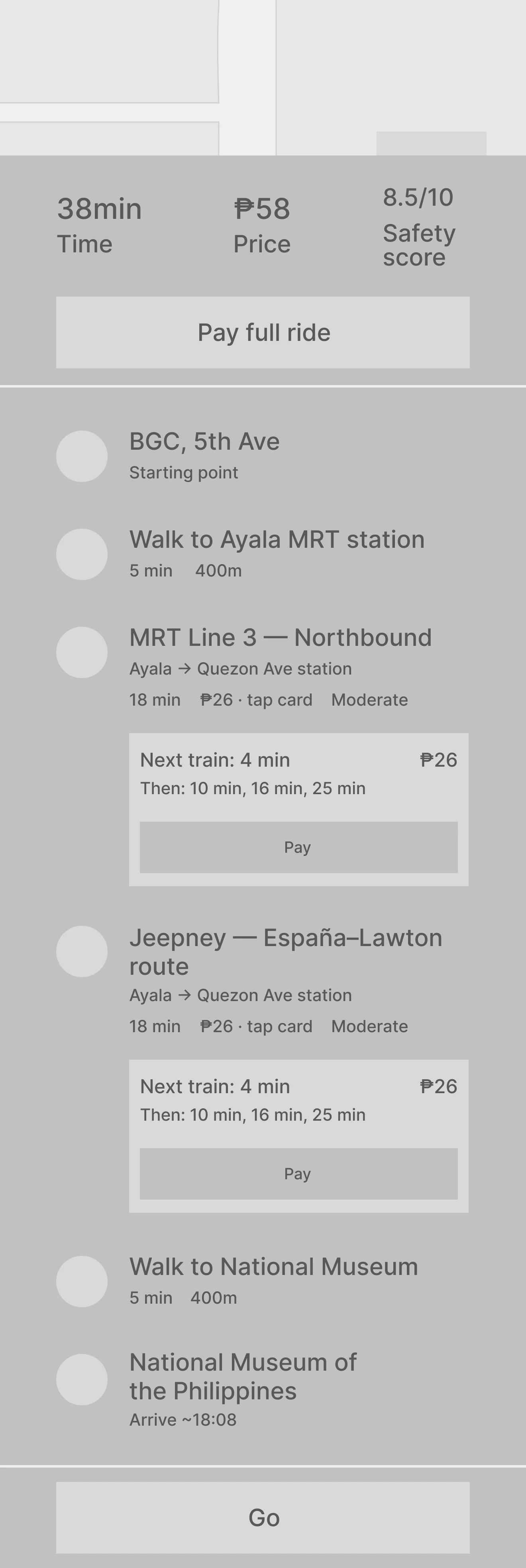 Mid-fi wireframe route info