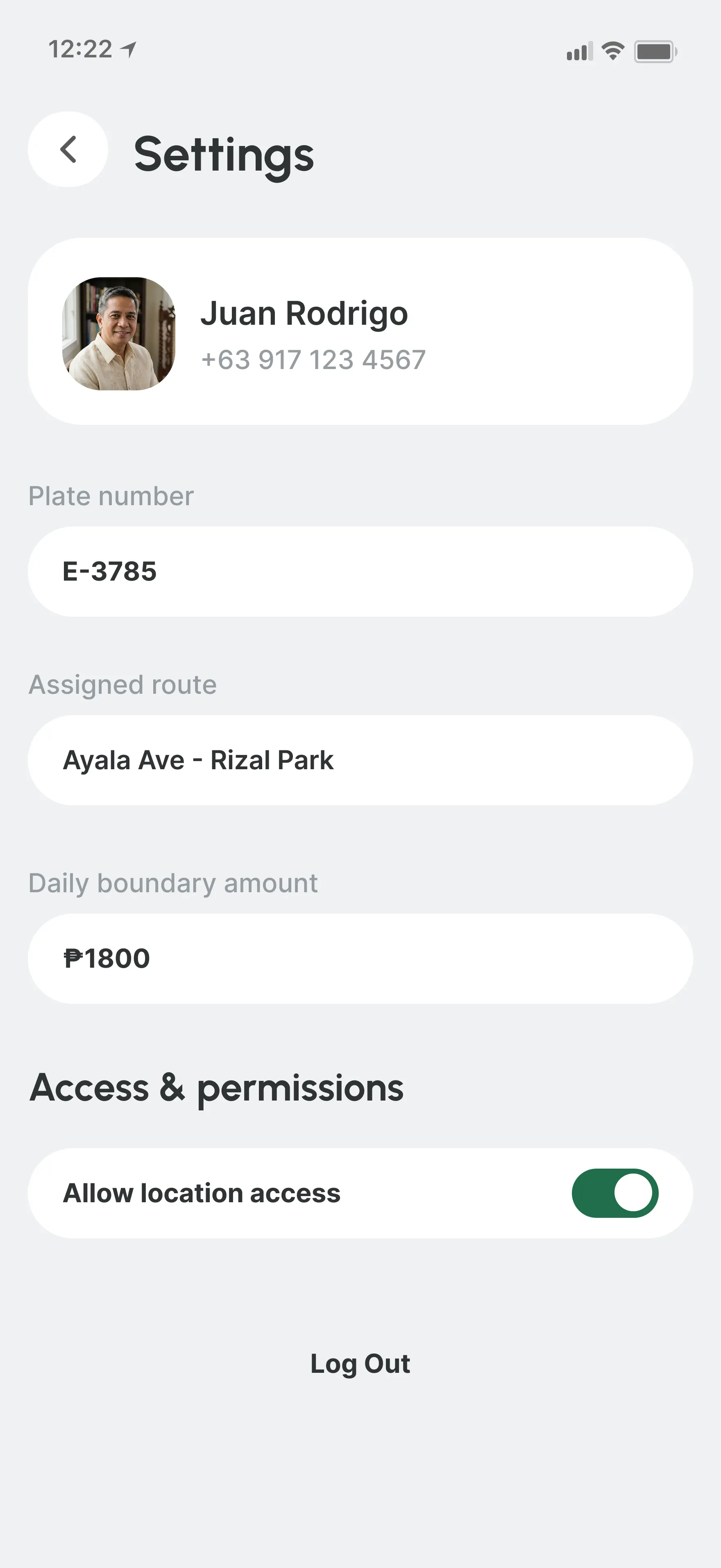 Driver settings screen